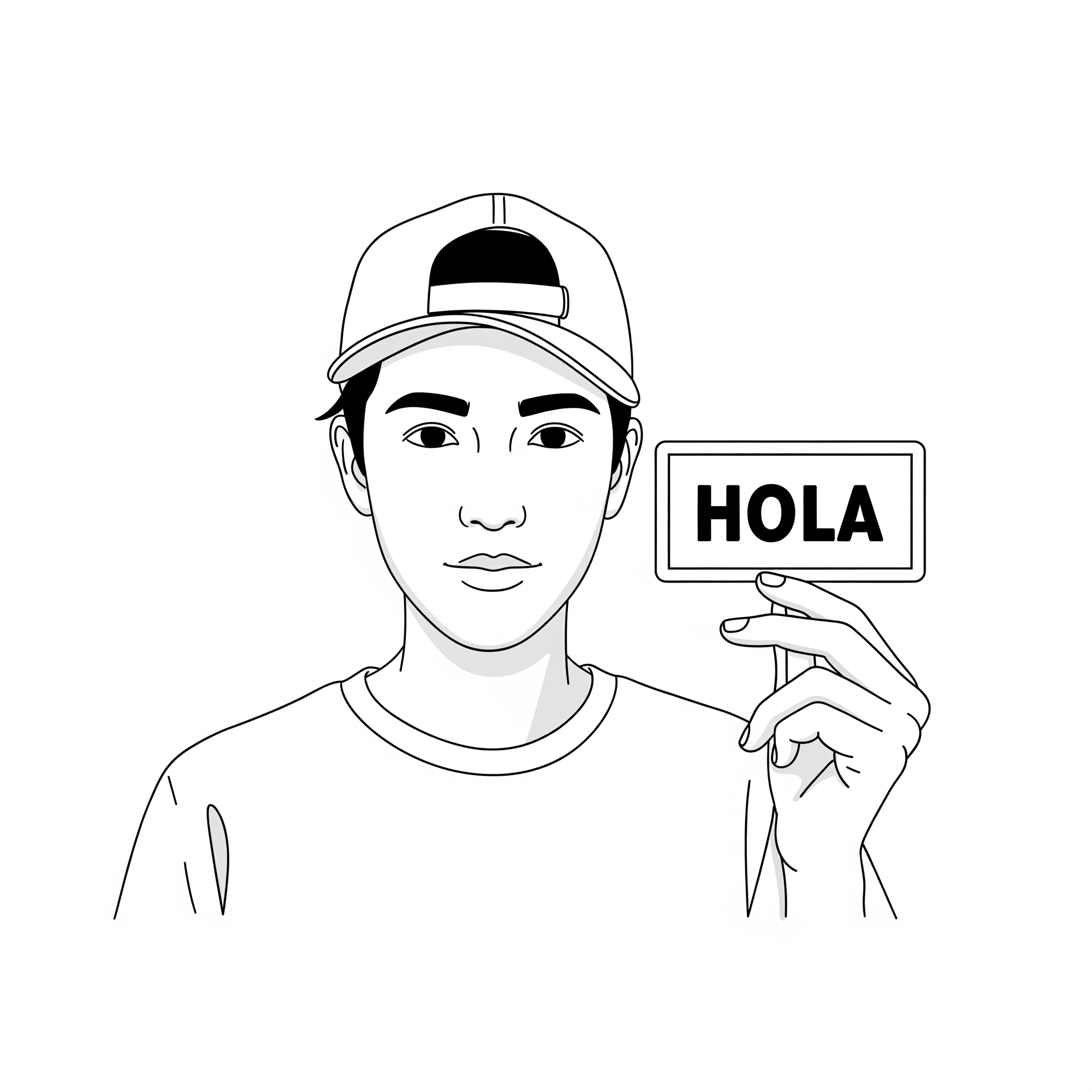 Persona sonriendo sostiene un letrero que dice 'Hola', en la pagina de contacto